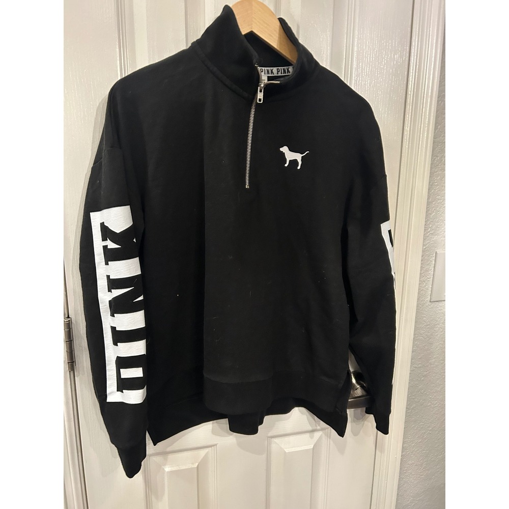 PINK Victoria's Secret Sweatshirt Black Quarter Zip Logo Graphic Pullover M